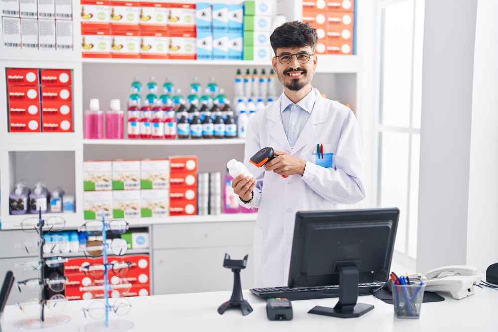 pharmacist scanning pills bottle